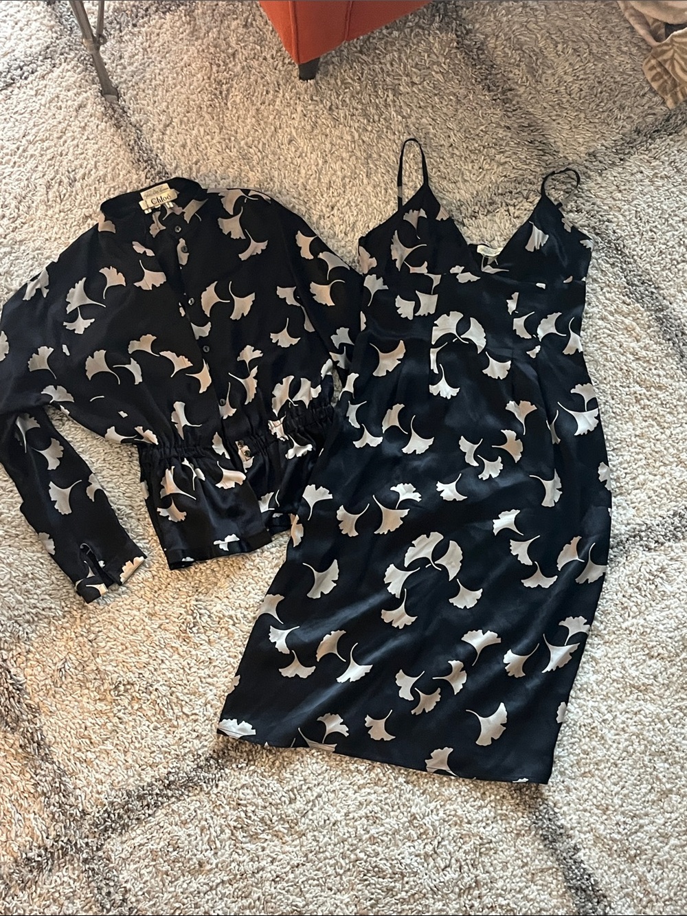 Chloé vintage Black Slip Dress and Matching Button-Up Top with silver leaf Print